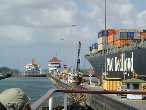 Ship ahead of us in second chamber; another ship has entered the east lock chamber
