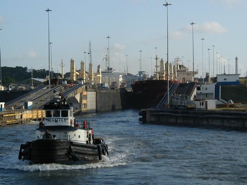 Exiting the Gatun Locks, heading to Colon